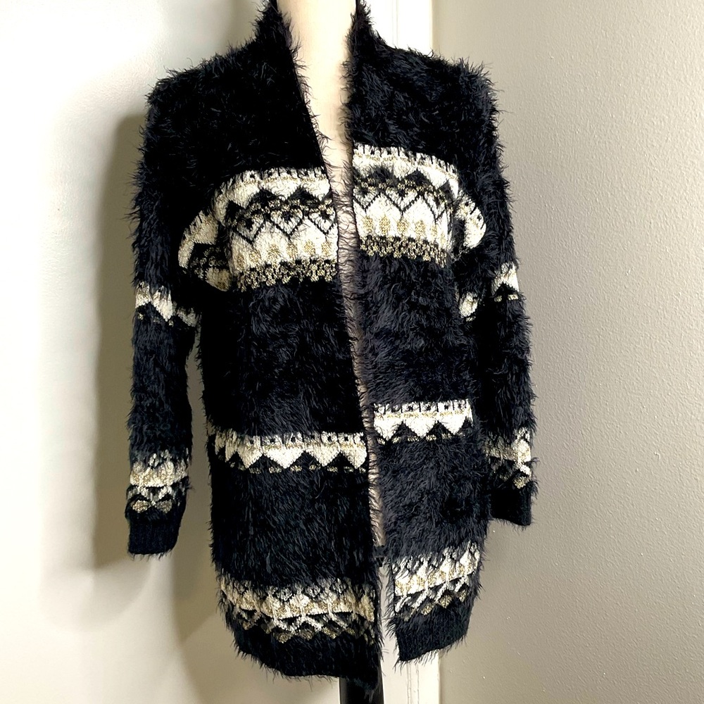 NWT Siono sweater, open cardigan, black/white/gold, size Large!